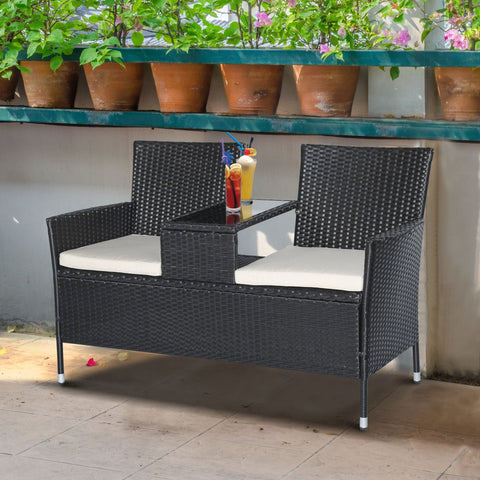 Rootz Poly Rattan Lounge Garden Bench - Black, Beige - Polyrattan, Steel, Glass - 52.36 cm x 24.8 cm x 33.07 cm