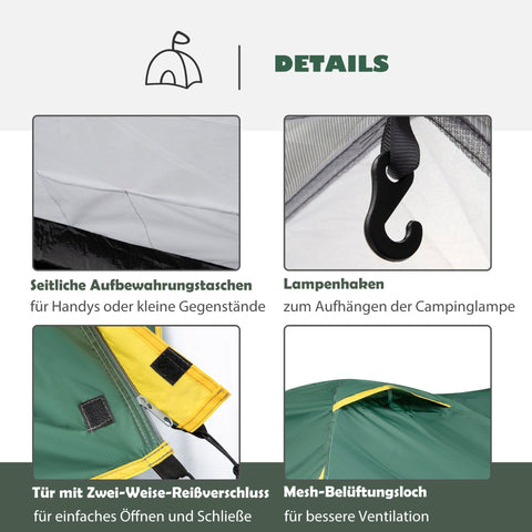 Rootz Camping Tent - Green, Yellow - Polyester, Pe, Fiberglass - 127.95 cm x 72.04 cm x 51.18 cm