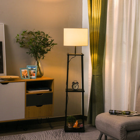 Rootz Vloerlamp Met Plank - Zwart, Wit - Staal, Polyester, Mdf - 13.58 cm x 13.58 cm x 59.05 cm