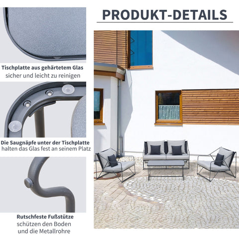 Rootz 4 Piece Garden Set Lounger - Grey, Black - Metal, Polyester, Foam - cm x 55.11 cm x 29.13 cm