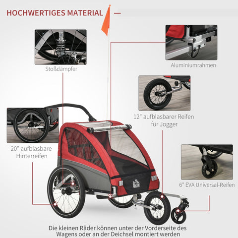 Rootz 3 in 1 Kinderanhänger - Rot - Aluminium, - 41,73 cm x 34,64 cm x 40,15 cm