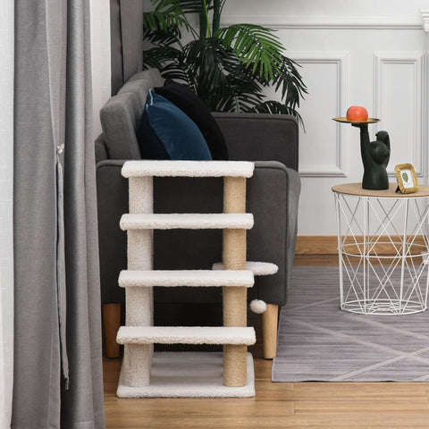 Rootz Pet Staircase - White - Chipboard, Jute, Plush - 23.62 cm x 15.74 cm x 25.19 cm