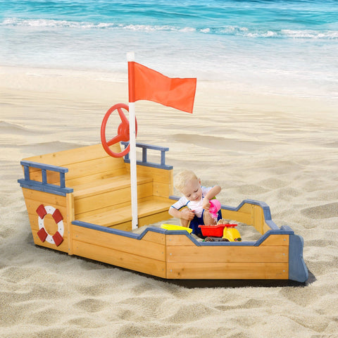 Rootz Sandpit Pirate Ship Design - Natural, Blue - Fir Wood, Pp - 62.2 cm x 30.7 cm x 17.91 cm