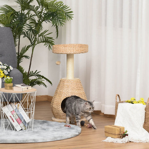 Rootz Cat Tree Scratching Post with Cat Cave - Yellow - Engineered Wood, Plush, Sisal - 15.74cm x 15.74cm x 32.48cm