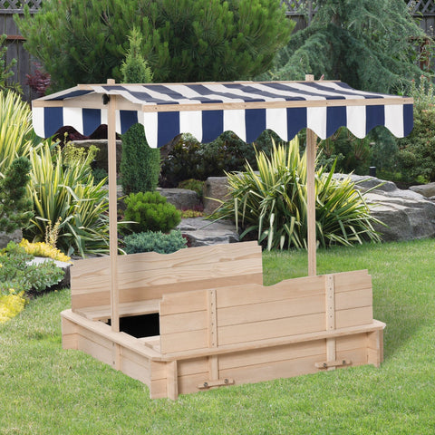 Rootz Sand Pit With Removable Roof - Natural, Blue, White - Cedar Wood, Polyester Fabric - 41.73cm x 41.73cm x 47.64cm
