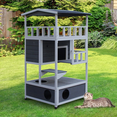 Rootz Cat House 4 Story - Gray, White - Firwood, Asphalt - 30.7cm x 29.92cm x 55.12cm