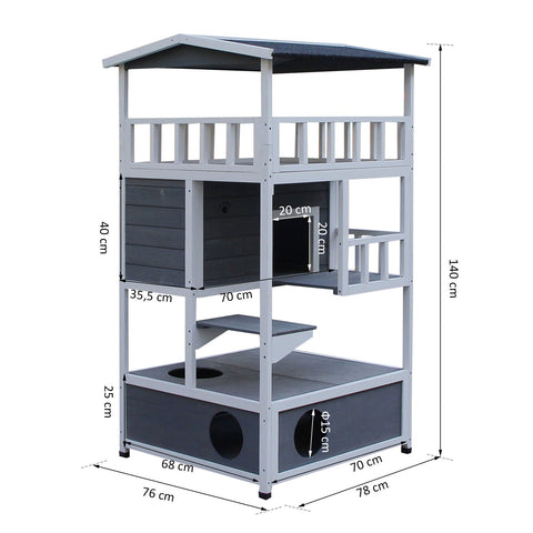 Rootz Cat House 4 Story - Gray, White - Firwood, Asphalt - 30.7cm x 29.92cm x 55.12cm