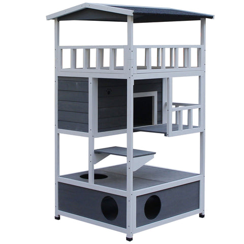 Rootz Cat House 4 Story - Gray, White - Firwood, Asphalt - 30.7cm x 29.92cm x 55.12cm