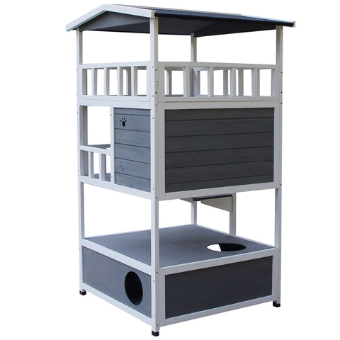 Rootz Cat House 4 Story - Gray, White - Firwood, Asphalt - 30.7cm x 29.92cm x 55.12cm