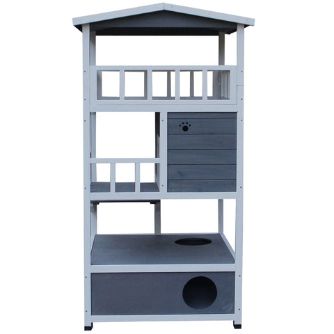 Rootz Cat House 4 Story - Gray, White - Firwood, Asphalt - 30.7cm x 29.92cm x 55.12cm
