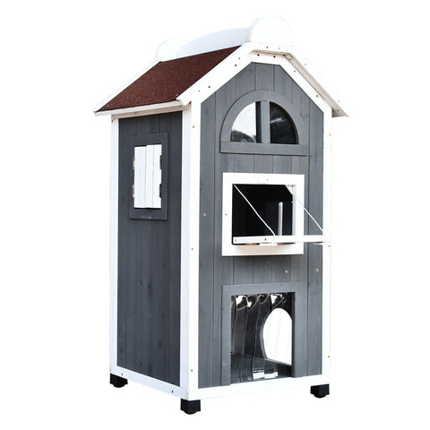 Rootz Cat House - Grey, White - Firwood, Asphalt - 23.22cm x 21.65cm x 42.91cm