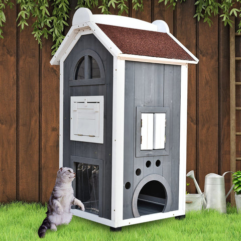 Rootz Cat House - Grey, White - Firwood, Asphalt - 23.22cm x 21.65cm x 42.91cm