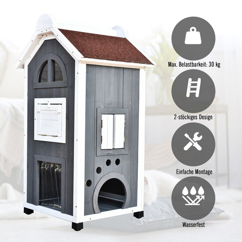 Rootz Cat House - Grey, White - Firwood, Asphalt - 23.22cm x 21.65cm x 42.91cm