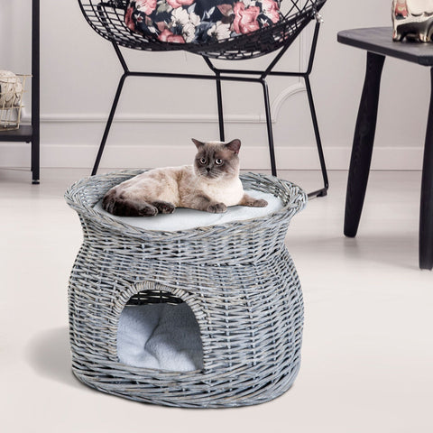 Rootz Kattenhuis - Grijs - Pluche, Katoen, Rieten - 22,04 cm x 14,57 cm x 15,75 cm