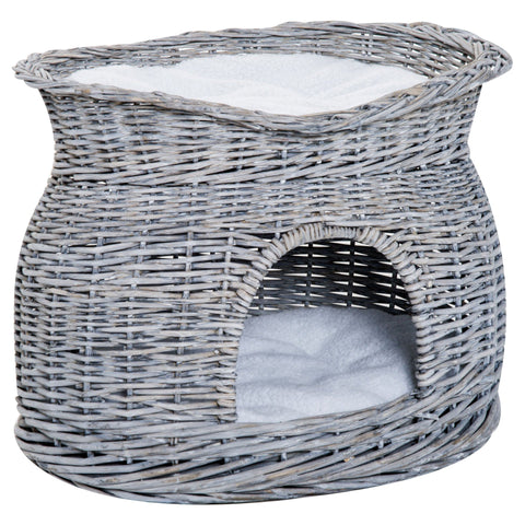 Rootz Kattenhuis - Grijs - Pluche, Katoen, Rieten - 22,04 cm x 14,57 cm x 15,75 cm
