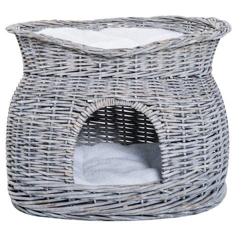 Rootz Kattenhuis - Grijs - Pluche, Katoen, Rieten - 22,04 cm x 14,57 cm x 15,75 cm