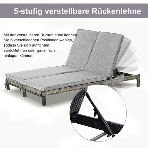 Rootz Garden Double Lounger - Gray - Metal, Rattan, Polyester - 76.77 cm x 48.42 cm x 11.02 cm