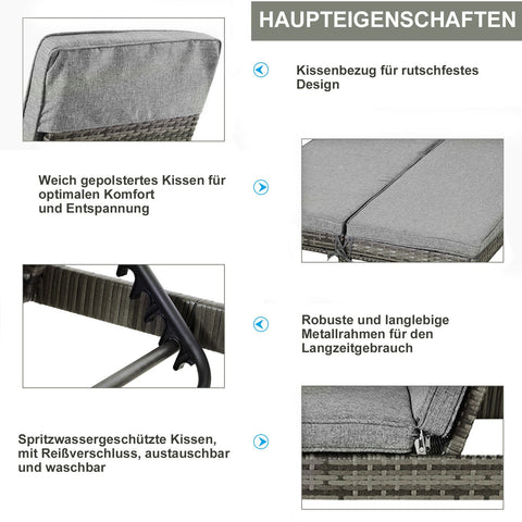 Rootz Garden Double Lounger - Gray - Metal, Rattan, Polyester - 76.77 cm x 48.42 cm x 11.02 cm