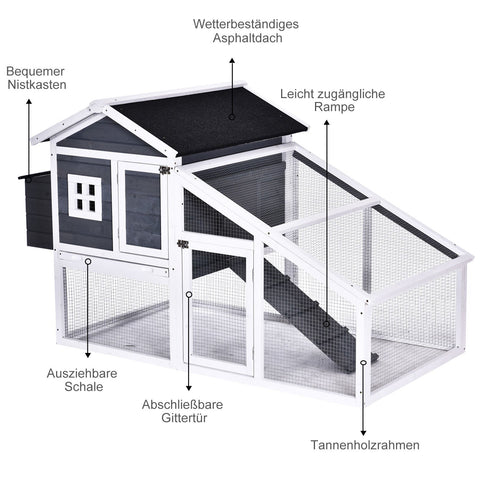 Rootz Chicken Coop With Rod And Nest Box - Grey, White - Spruce Wood, Metal - 69.05 cm x 37.6 cm x 39.37 cm