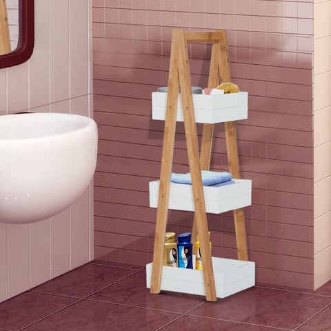 Rootz Bathroom Shelf Stairs - White - Engineered Wood, Bamboo Frame - 8.27cm x 11.81cm x 31.89cm