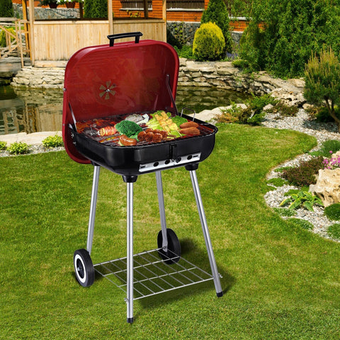 Rootz Charcoal Grill On Castors - Red, Black - Metal - 17.72 cm x 18.7 cm x 27.56 cm