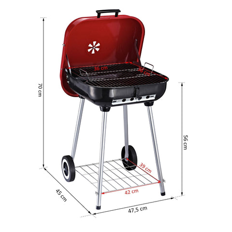 Rootz Charcoal Grill On Castors - Red, Black - Metal - 17.72 cm x 18.7 cm x 27.56 cm