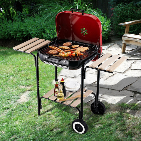 Rootz Charcoal Grill Stand - Black, Red - Steel, Wood, Porcelain - 38.58 cm x 19.29 cm x 31.89 cm