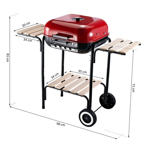 Rootz Charcoal Grill Stand - Black, Red - Steel, Wood, Porcelain - 38.58 cm x 19.29 cm x 31.89 cm