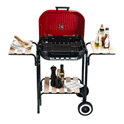 Rootz Charcoal Grill Stand - Black, Red - Steel, Wood, Porcelain - 38.58 cm x 19.29 cm x 31.89 cm