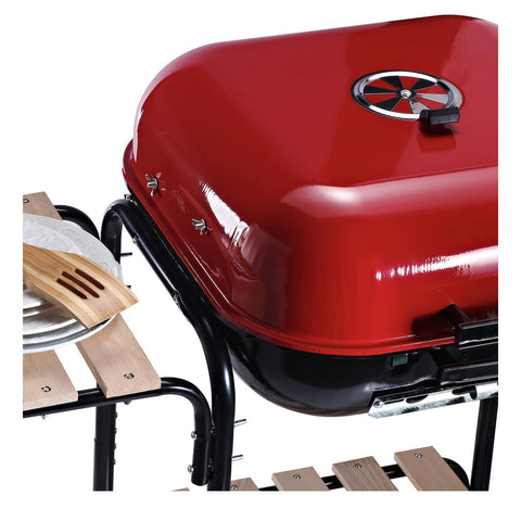 Rootz Charcoal Grill Stand - Black, Red - Steel, Wood, Porcelain - 38.58 cm x 19.29 cm x 31.89 cm