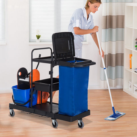 Rootz Cleaning Trolley - Black, Blue, Orange - Metal, PP, Fabric - 43.7 cm x 24.92 cm x 40.55 cm