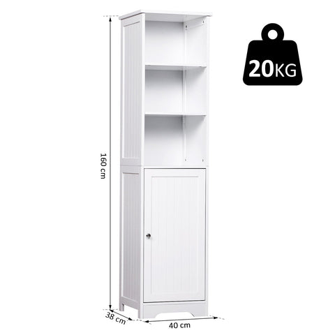 Rootz Bathroom Cabinet - Dresser - Bathroom Furniture - Standing Cabinet - High Cabinet - 3 Shelves - 1 Door - 40 x 38 x 160 cm - Wood - White