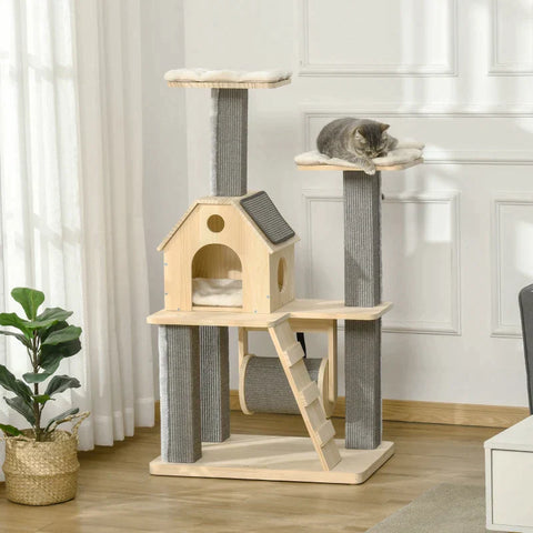 Rootz Scratching Post - Cat Roll - Cat Tree - Cat Climbing Tree - Cat Cave - Cat House - Pine Wood/Sisal/Plush - Natural/Grey - 70L x 50W x 125H cm