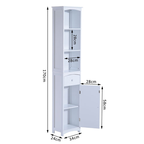 Rootz Bathroom Cabinet - Bathroom Furniture - 3 Shelves - 34 x 24 x 170 cm - 1 Drawer - 1 Door - High Cabinet - MDF - White