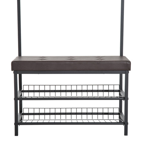 Rootz Wardrobe Rack - Coat Rack - Shoe Bench - Shoe Rack - 1 Hanging Rod - 5 Hooks - Metal - Faux Leather - Black - Brown