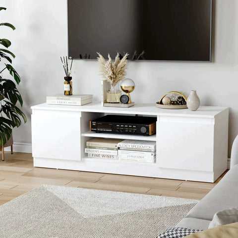 Rootz TV Bench - TV Dresser - TV Table - With 2 Shelves - 2 Cabinets - Chipboard - White - 120 x 39.5 x 40 cm