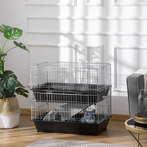 Rootz Small Animal Cage - Small Animal House - Rodent Cage - With Accessories - Small Animal Hutch - Mouse Cage - Guinea Pig Cage - Plastic Metal - Black/Grey - 72 x 44 x 67 cm