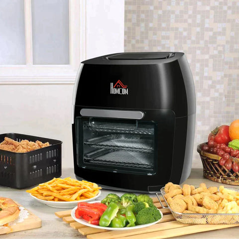 Rootz Air Fryer - Hot Air Fryer - Oven Grid - Roasting And Frying Drum - Chicken Fork - 1800w With 8 Menus - Steel - Glass - Black - 32 x 35.6 x 37.9 cm