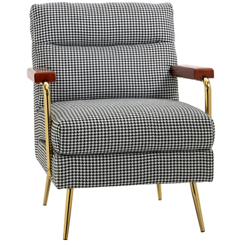 Rootz Fauteuil - Retro Design - Accentstoel - Pied-de-poule Patroon - Linnen Polyester - Houten Elementen - Veerkern - Zwart + Wit - 72L x 81,5W x 87,5H cm