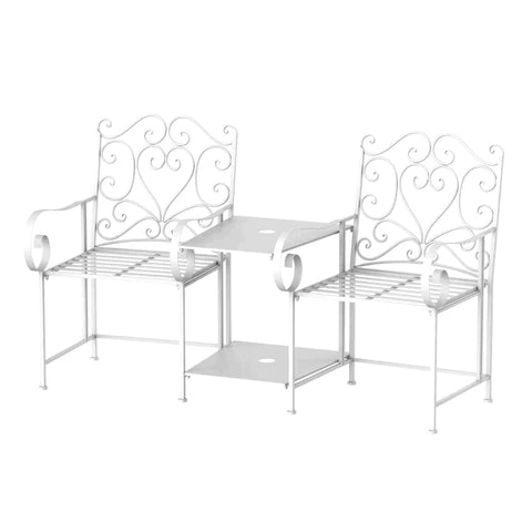 Rootz Metal Chair - Metal Bench With Table - Home - Balcony - Garden - White - 160L x 61W x 96H cm