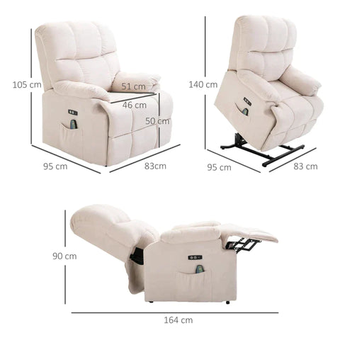 Rootz Armchair - Tv Armchair - Massage Chair With Stand-up Aid - Relaxation Chair With Heating Function - Adjustable Angle - USB Remote Control - Cream - 83 x 95 x 105 cm