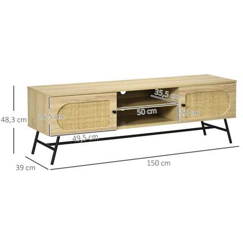 Rootz TV Bench - For TVs Up To 60'' - Two Cabinet Compartments - Two Shelves - Rattan Decor - MDF - Natural - 150 x 39 x 48.3 cm
