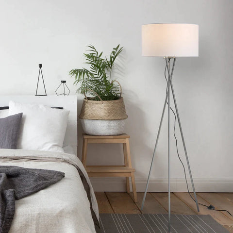 Rootz Floor Lamp - Floor Lamp With Fabric Shade - Triple Metal Base - Metal + PS + Fabric - Silver + White - 48 x 48 x 162 cm