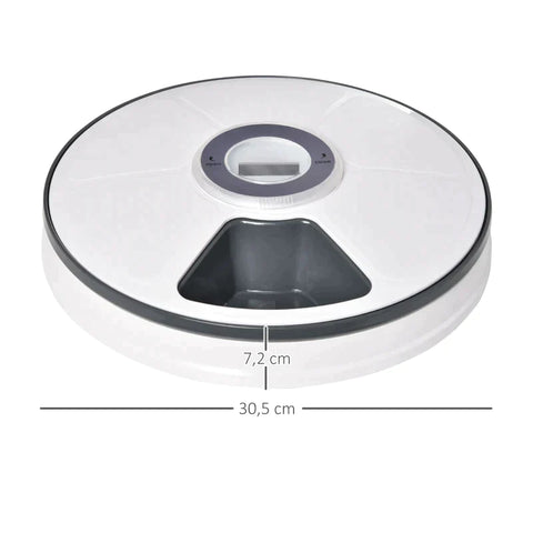 Rootz Pet Feeder - 6 Compartment Pet Feeder for Cats - Pet Feeder with Digital Timer - LED Display - White + Grey - Ø30.5 x 7.2H cm