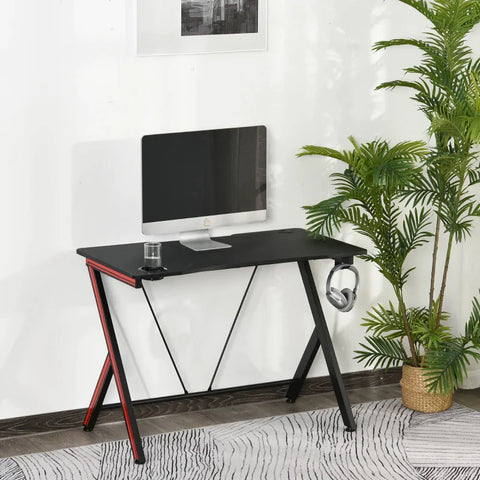 Rootz Gaming Table - Desk with Headphone Hook - Drink Holder - Computer Desk - Steel + MDF - Black - 105 x 55 x 75 cm