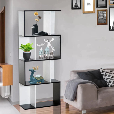 Rootz Bookshelf - S-Shaped Bookshelf - 4 Tiers Bookshelf - Bookcase - Shelf - Black/White