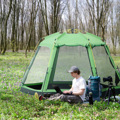 Rootz Tent - 6 Person Tent - Pop Up Camping Tent - Camping Tent - 2-tier Design Backpacking Tent - With 4 Windows 2 Doors - Green - 320 x 320 x 180 cm