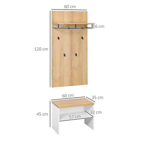 Rootz Wardrobe With Shoe Bench - 1 Hat Rack - 4 Coat Hooks - Chipboard - Steel - Natural + White - 60L x 28W x 120H cm