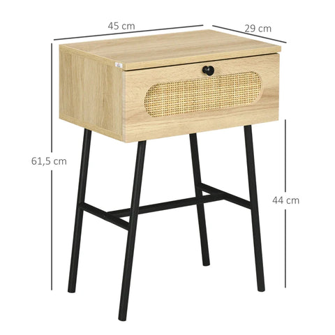Rootz Side Table With Drawer - Rattan Decor - Natural Wood Look - Chipboard - Natural Wood - 45 x 29 x 61.5cm