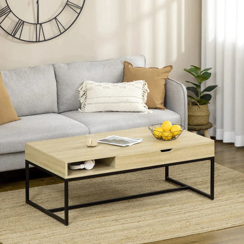 Rootz Side Table - Coffee Table - Modern Design - Hidden Storage Space - Chipboard/Steel - Natural/Black - 60 x 60 x 45cm